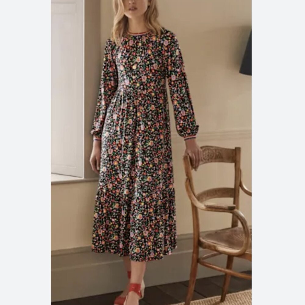 Boden Emma Jersey Long Sleeve Midi Dress Black Floral Multicolored Size 6 Petite